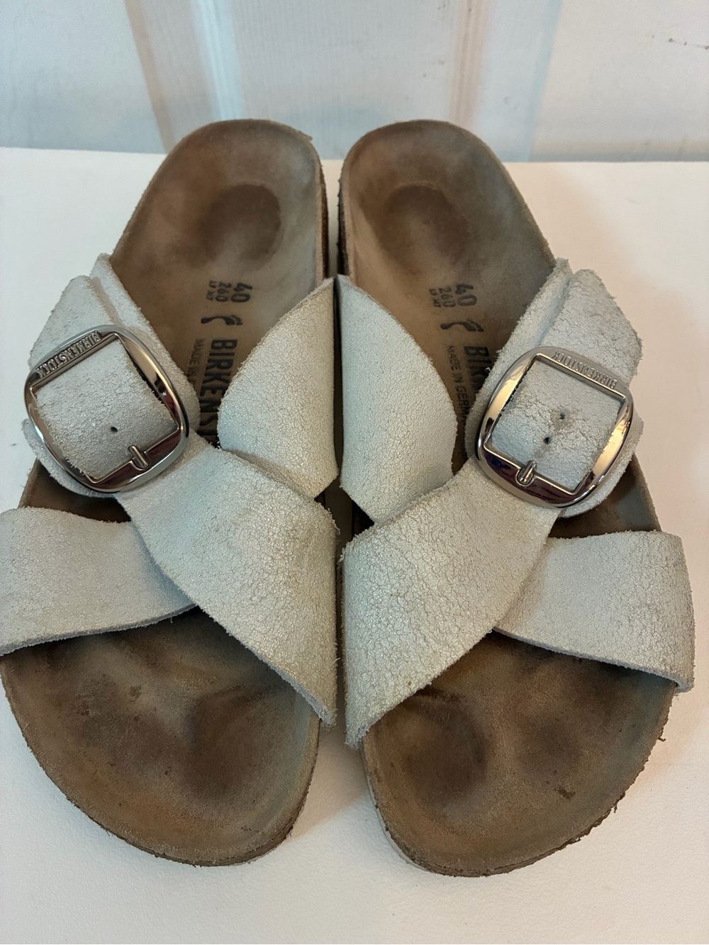 Birkenstock Siena Big Buckle Suede Sandals Dove Gray White Metallic Size 40 US 9